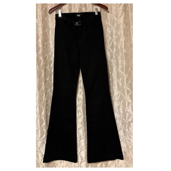 PAIGE Black Shadow Clean Front Genevieve Wide Leg Flare Jeans Buckle Detail - Picture 5 of 16